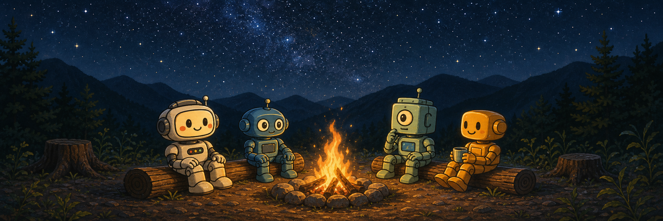 星空の下、焚き火を囲む小さな研究員ロボットたち